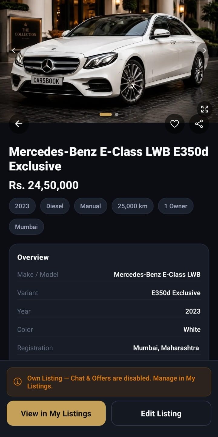 CarsBook vehicle detail screen showing gallery, specs and Make Offer